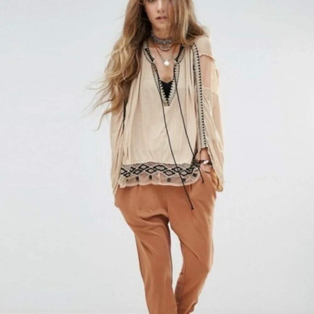 Free People Tunic Blouse Womens S Ivory Boho Embroidered V-Neck